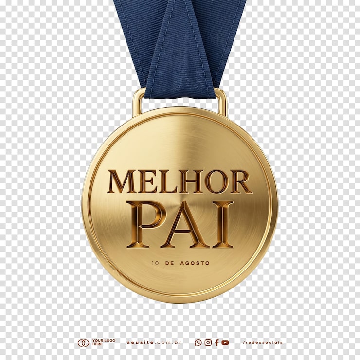 PSD gratuit médaille d'or meilleur papa avec un ruban bleu