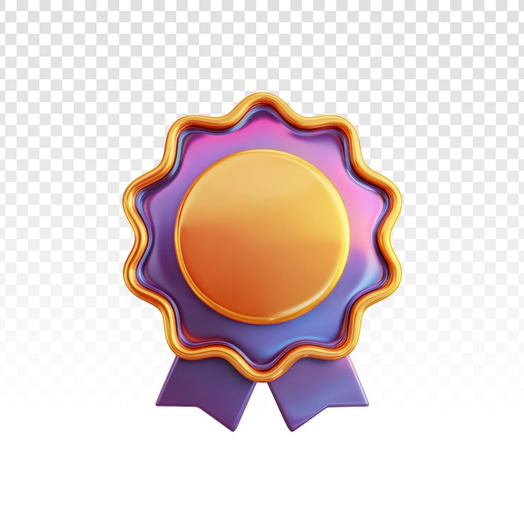 PSD gratuit médaille de récompense 3d brillante or et violet avec ruban.