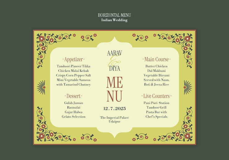 PSD gratuit menu de mariage indien avec motif floral traditionnel