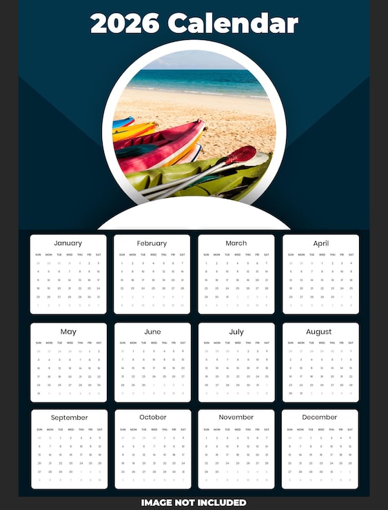 PSD gratuit modèle de calendrier annuel 2026 avec thème plage tropicale