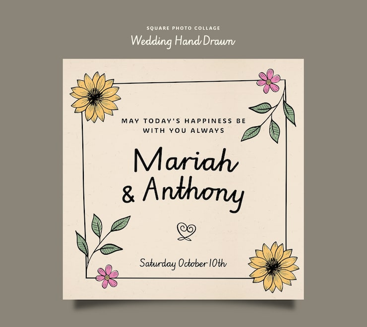 PSD gratuit modèle de conception d'invitation de mariage avec des accents floraux dessinés à la main