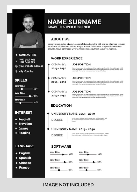 PSD gratuit modèle de cv professionnel avec design moderne noir et blanc