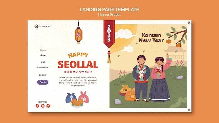 PSD gratuit modèle de page de destination de célébration seollal dessiné à la main