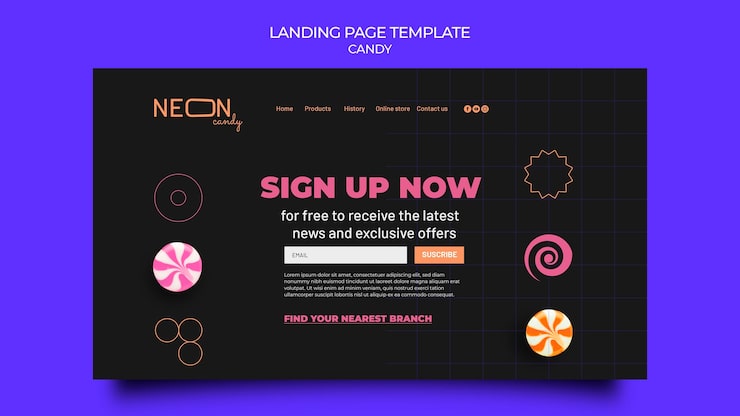 PSD gratuit page de destination au néon pour magasin de bonbons