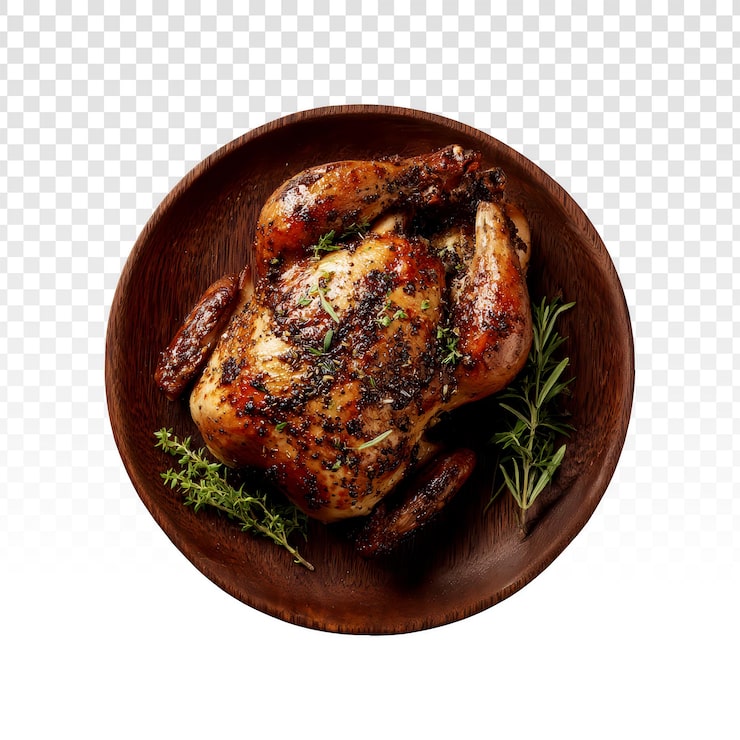 PSD gratuit poulet entier parfaitement rôti aux herbes sur un plat en bois
