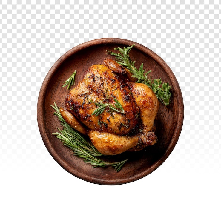 PSD gratuit poulet rôti entier au romarin sur un plat en bois