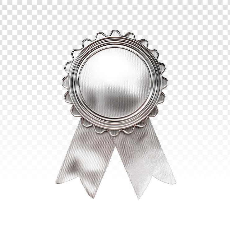 PSD gratuit rosette de récompense argentée avec centre vierge et rubans