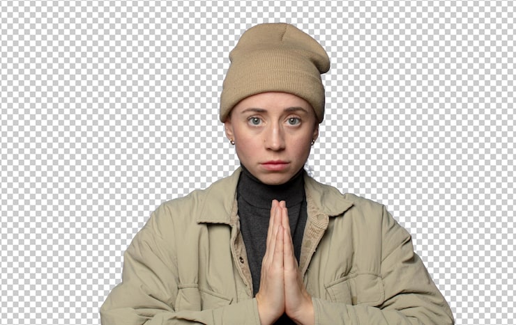 PSD gratuit se sentir inquiet espérant et religieux priant fidèlement avec les paumes pressées suppliant le pardon