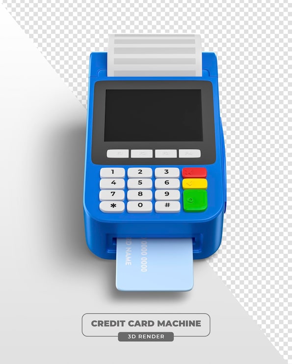 PSD gratuit terminal de paiement bleu avec carte de crédit et ombre en 3d render avec fond transparent