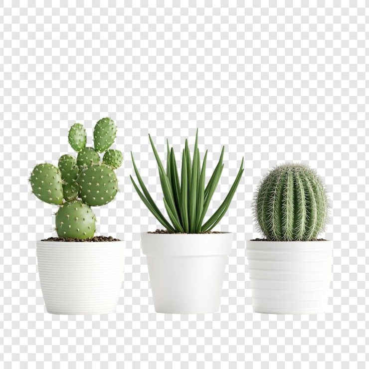 PSD gratuit trois plantes succulentes en pot un cactus de poire épineuse une plante de yucca et un caktus de baril exposés sur un fond transparent
