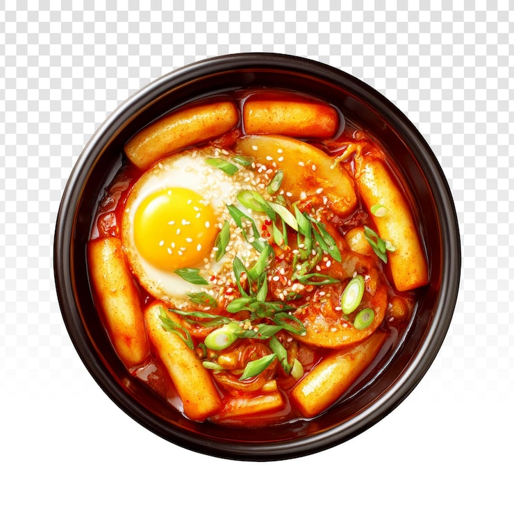 PSD gratuit tteokbokki épicé avec œuf au plat et ciboule dans un bol noir