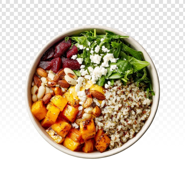 PSD grátis buddha bowl saudável com quinoa, vegetais assados e queijo feta