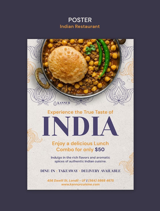 PSD grátis cartaz de restaurante indiano com oferta de combo de almoço.