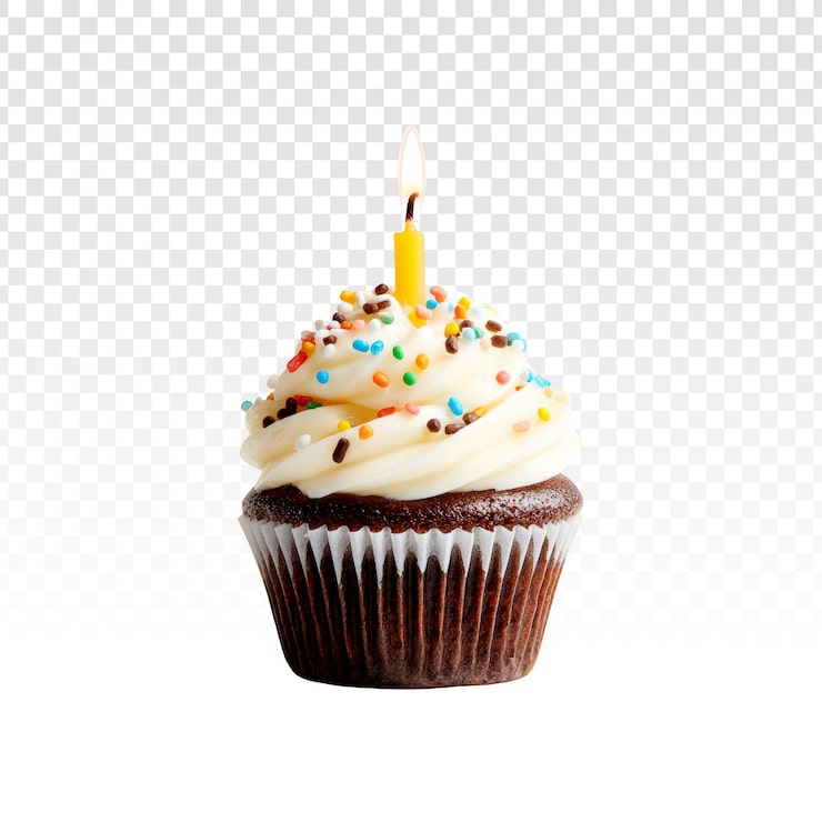 PSD grátis cupcake festivo de chocolate com vela de aniversário acesa e granulado