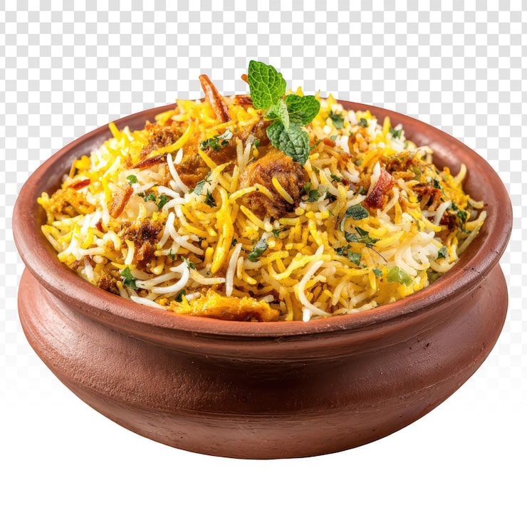 PSD grátis delicioso biryani de frango em um pote de barro tradicional