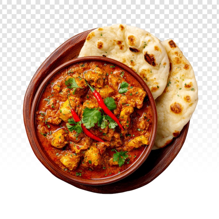 PSD grátis delicioso curry de frango com pão naan em um prato de madeira