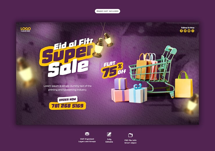 PSD grátis eid mubarak e eid ul fitr modelo de banner da web de mega venda