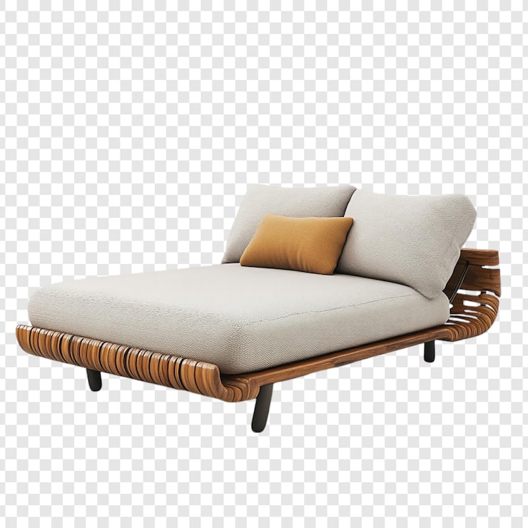 PSD grátis elegante cama moderna com estrutura de madeira e almofadas macias