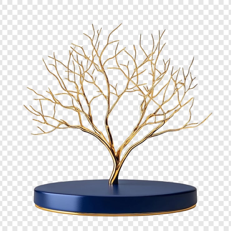 PSD grátis elegante escultura de árvore dourada em uma base azul da marinha