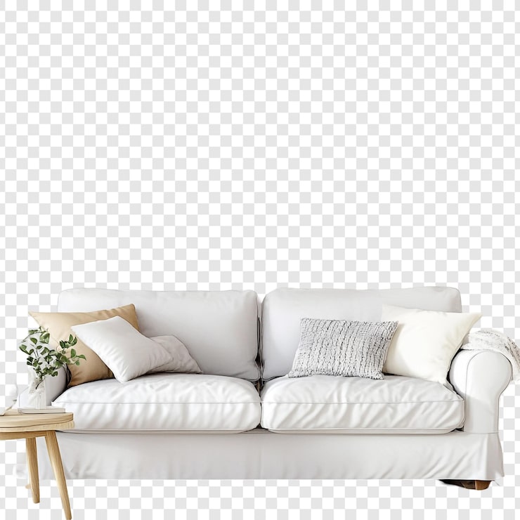 PSD grátis elegante sofá branco com travesseiros neutros e mesa lateral de madeira