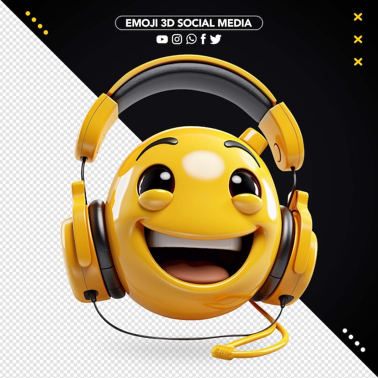 PSD grátis emoji 3d realista com fone de ouvido feliz