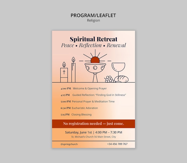 PSD grátis folheto do programa de retiro espiritual para um evento da igreja