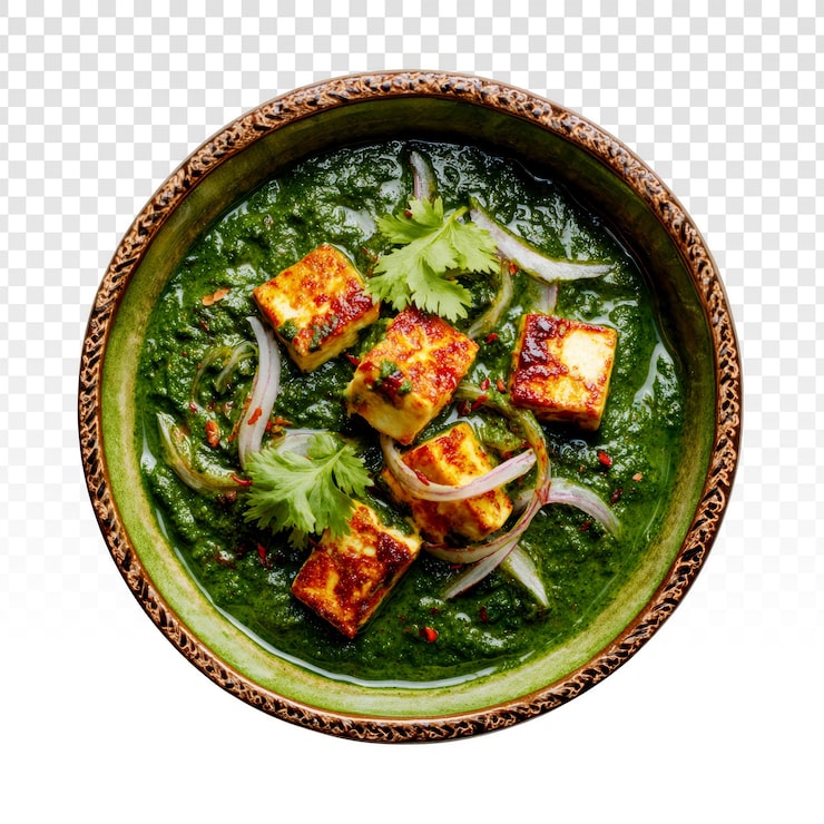 PSD grátis frango tikka grelhado em curry de espinafre verde servido em tigela de barro rústica