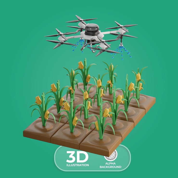 PSD grátis ilustração 3d de drones autônomos de pulverização de culturas