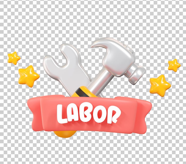 PSD grátis ilustração 3d do dia do trabalho com martelo, chave inglesa e fita vermelha em fundo transparente.