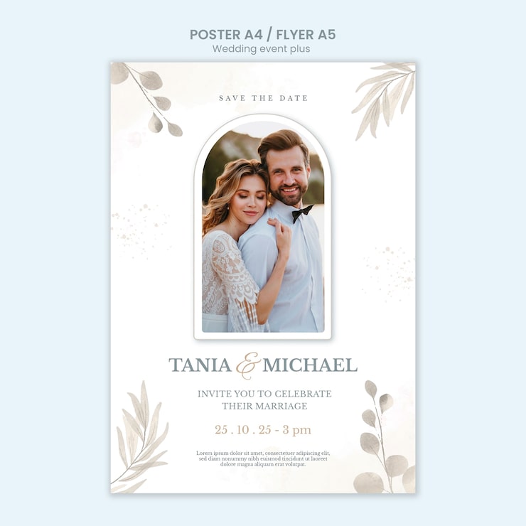 PSD grátis modelo de cartaz vertical de casamento elegante com vegetação