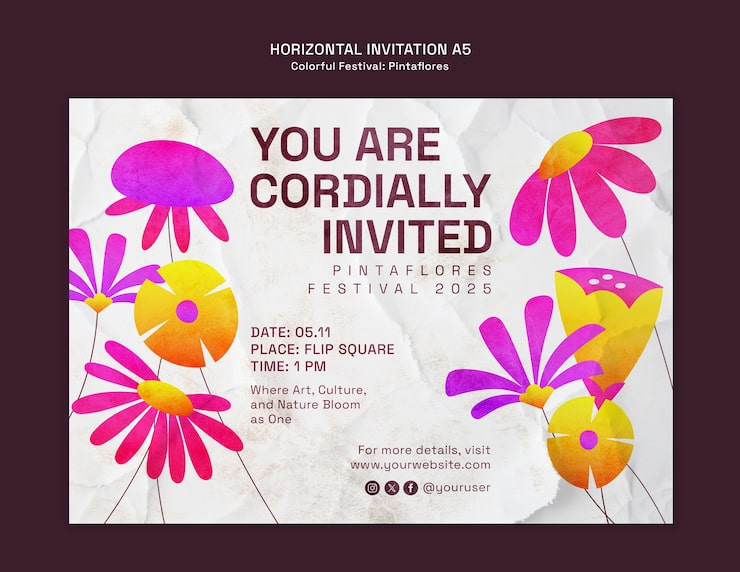 PSD grátis modelo vibrante de convite para o festival pintaflores