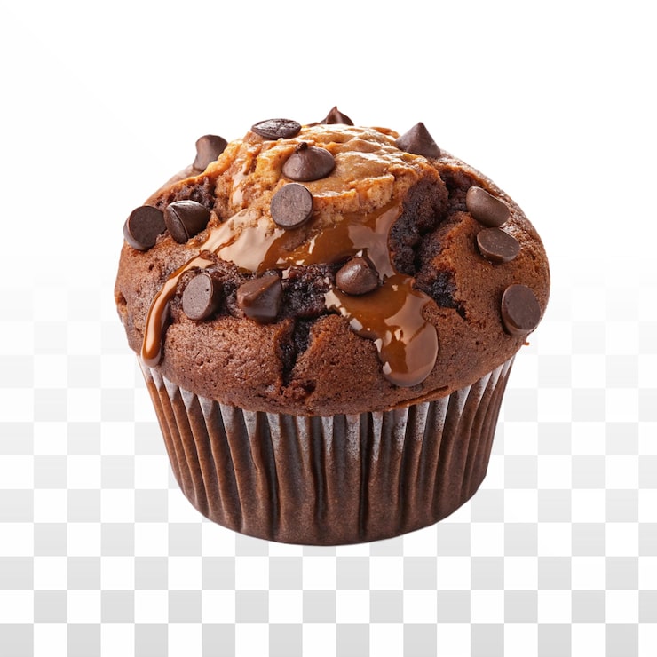 PSD grátis muffin de chocolate decadente com calda de caramelo e gotas de chocolate