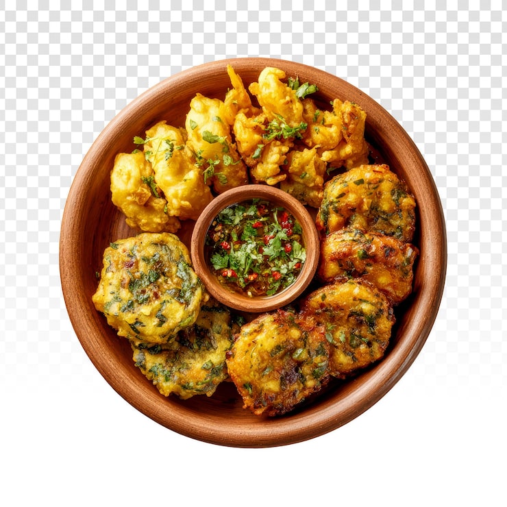 PSD grátis pakoras indianas variadas com molho para mergulhar