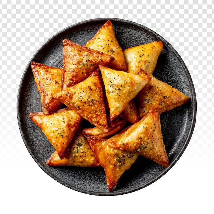 PSD grátis pastéis triangulares salgados dourados em um prato