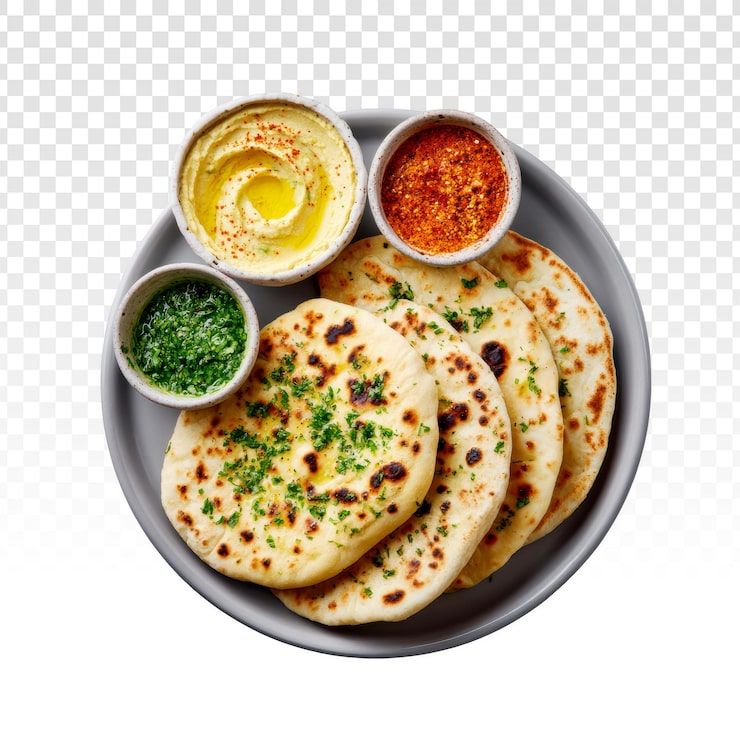 PSD grátis pilha de papad indiano macio com chutneys frescos e molhos em prato cinza