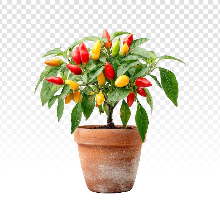PSD grátis planta de pimenta em vaso com pimentas vermelhas e amarelas isolada