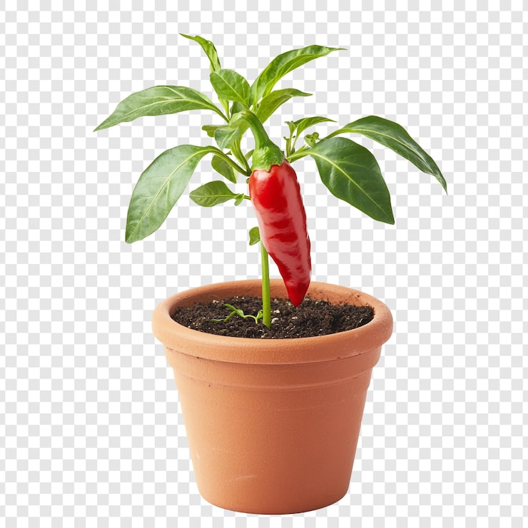 PSD grátis planta de pimenta vermelha vibrante em pote de terracota
