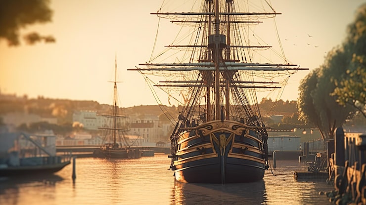 PSD grátis porto pirata com vista para um velho navio a vela ia generativa