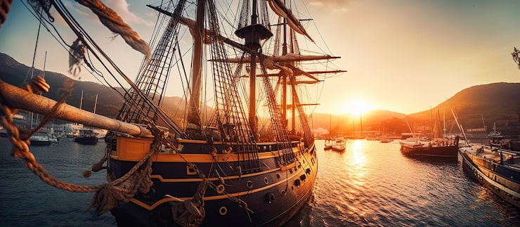 PSD grátis porto pirata com vista para um velho navio a vela ia generativa