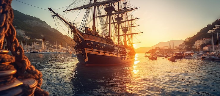 PSD grátis porto pirata com vista para um velho navio a vela ia generativa