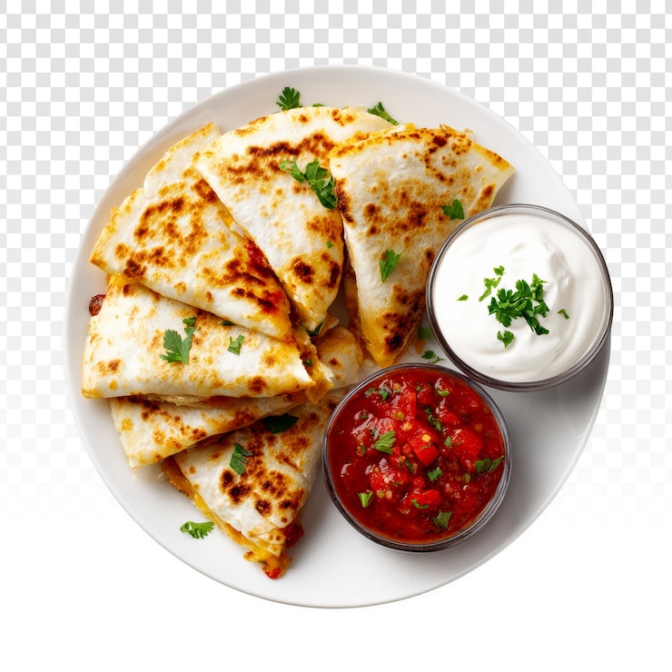 PSD grátis quesadillas de queijo caseiras com salsa de tomate fresca e creme azedo em prato branco
