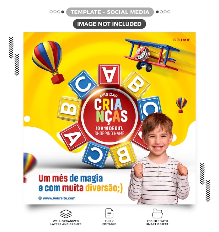 PSD grátis redes sociais alimentam a diversão de compras do mês das crianças