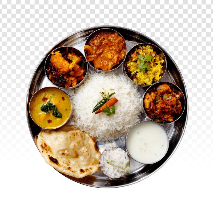 PSD grátis refeição thali indiana com arroz, caril, pão e sobremesa servida num prato de aço.