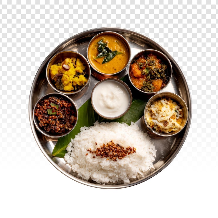 PSD grátis refeição thali indiana tradicional com arroz, caris e iogurte em um prato de aço.