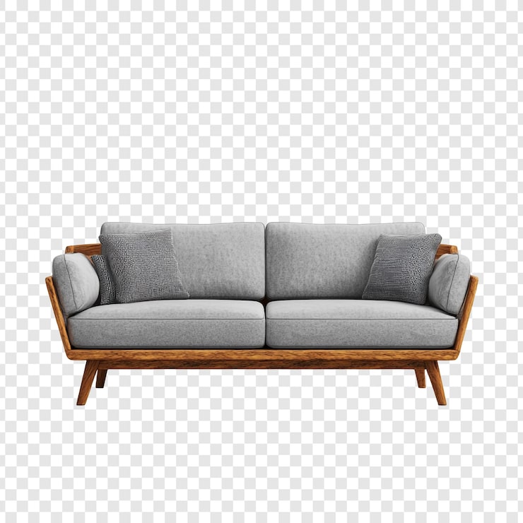 PSD grátis sofa cinza moderna de meados do século com estrutura de madeira