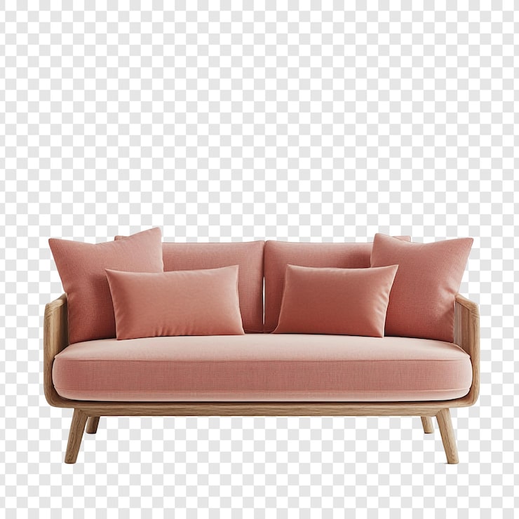 PSD grátis sofa rosa moderna com pernas de madeira e almofadas macias