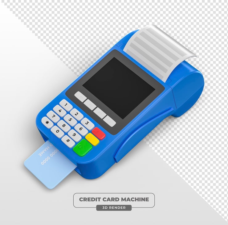 PSD grátis terminal de pagamento azul com cartão de crédito e sombra em 3d render com fundo transparente
