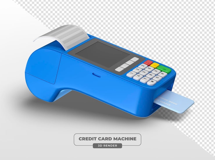PSD grátis terminal de pagamento azul com cartão de crédito e sombra em 3d render com fundo transparente