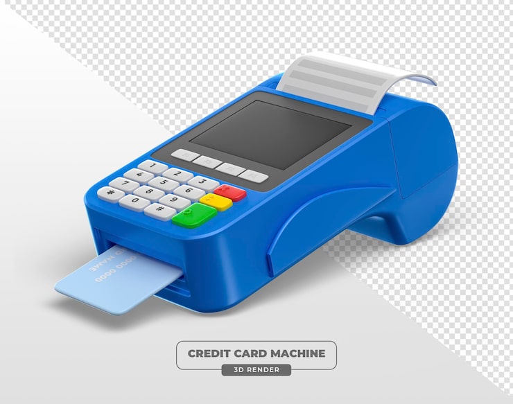 PSD grátis terminal de pagamento azul com cartão de crédito e sombra em 3d render com fundo transparente