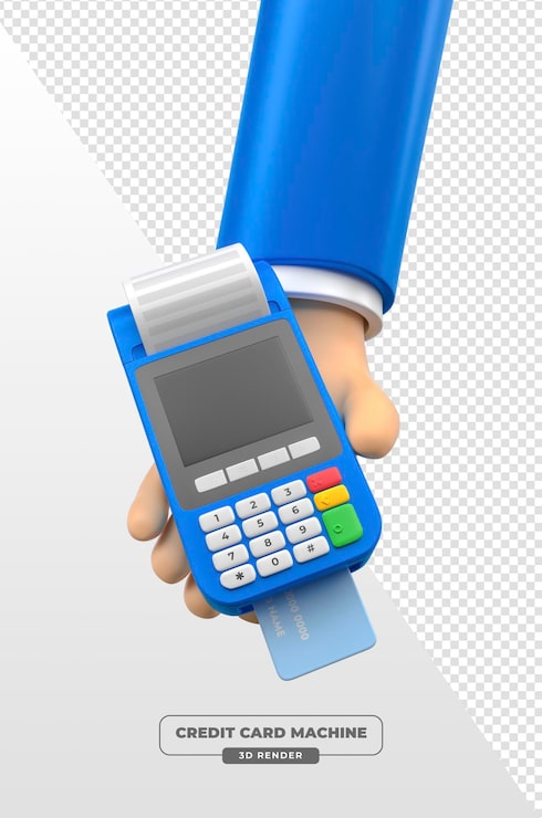 PSD grátis terminal de pagamento azul com cartão de crédito em mão em renderização 3d com fundo transparente